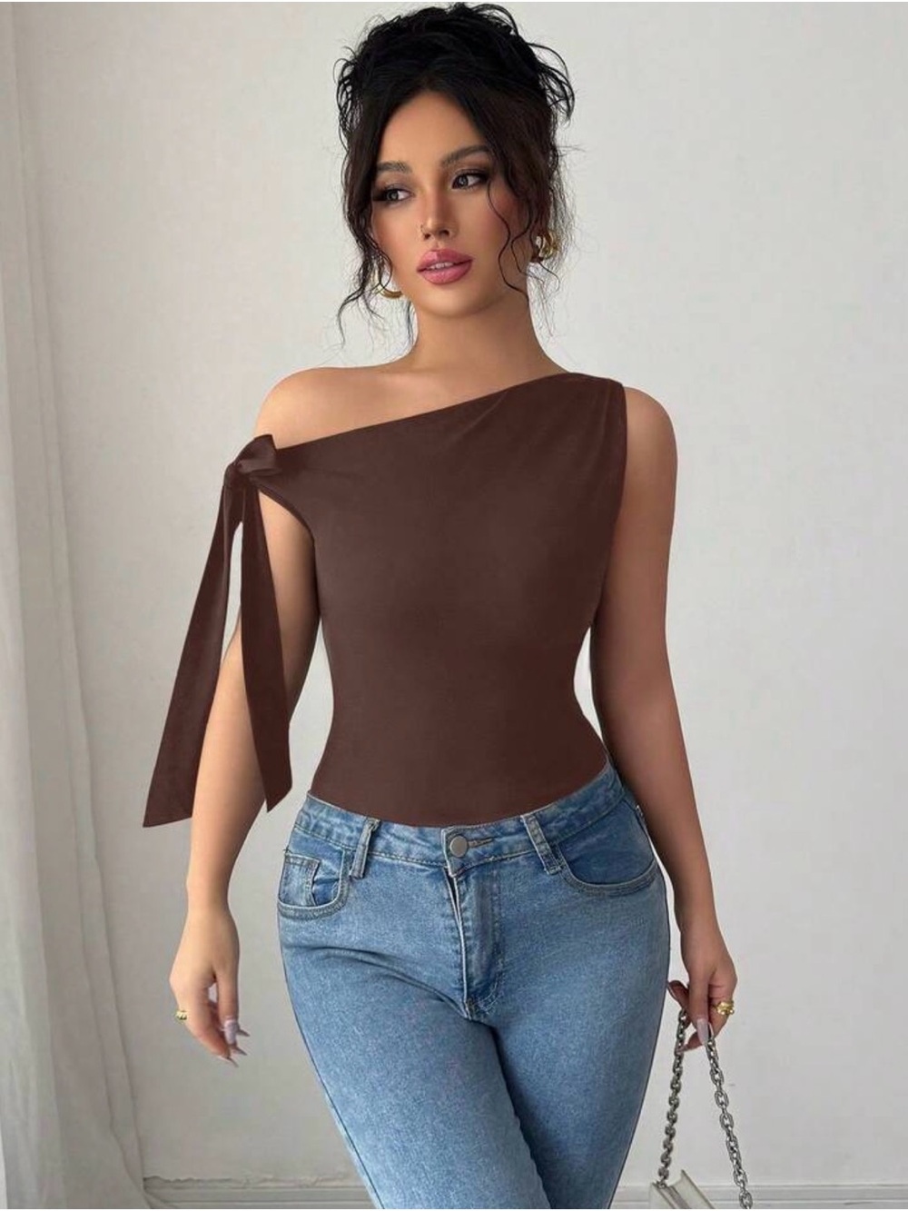 SHEIN One-Shoulder Tie-Sleeve Camisole in Chocolate Brown